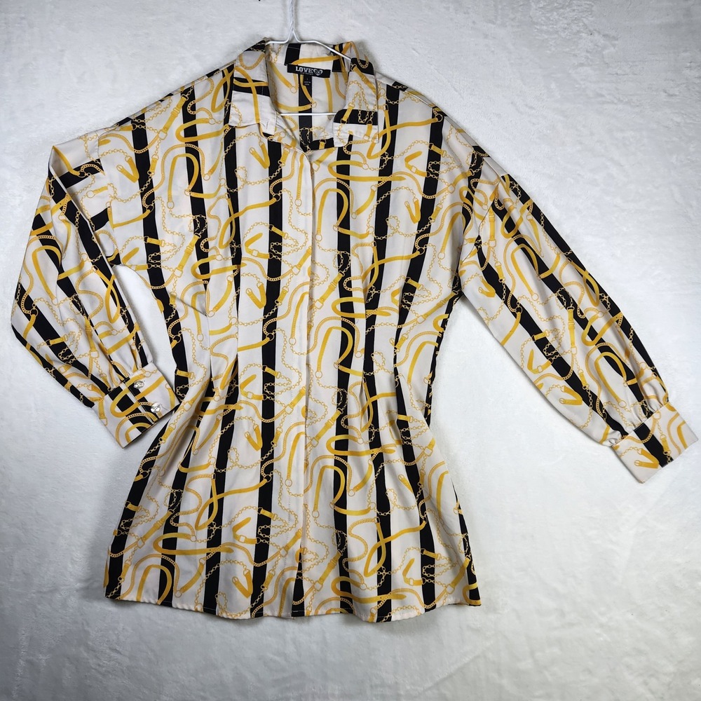 Love 83 Women's Shirt Dress L White Black‎ Gold Chain Stripe Long Sleeve
